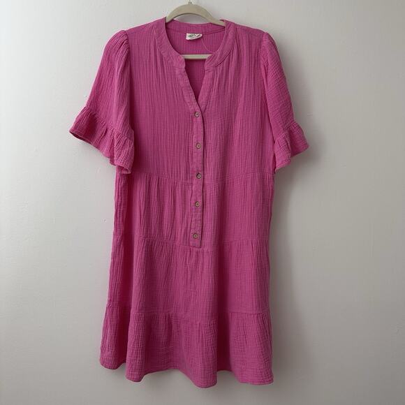 New In Womens L Pink Barbie Gauze Flutter Sleeve Popover Button Cover Up Dress - Picture 2 of 6